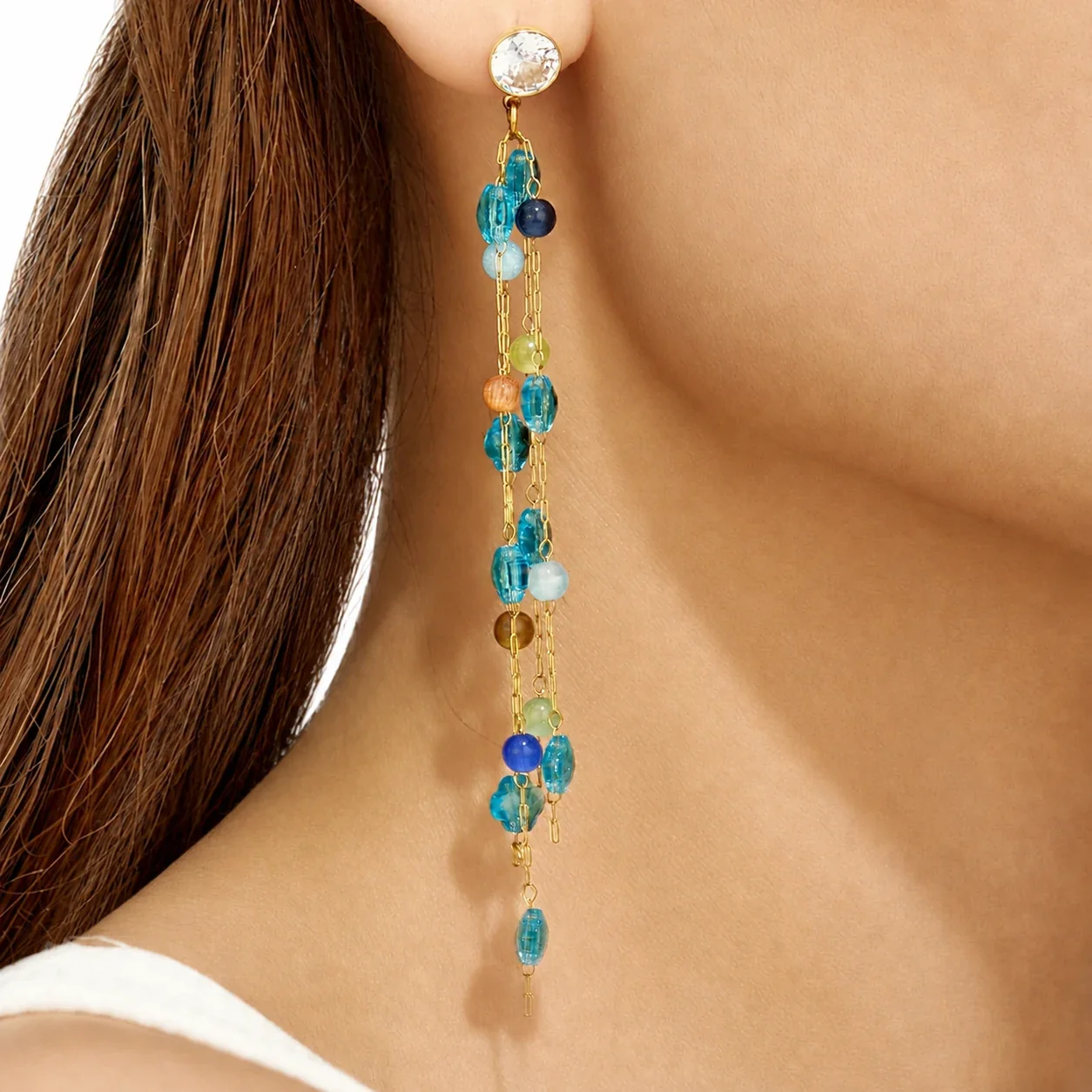Cascading 18K Gold-Plated Crystal Tassel Drop Earrings