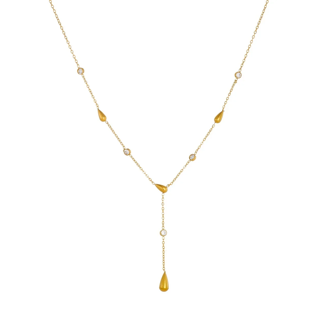 Y-Drop Stainless Steel Necklace with Bezel CZ, Gold-Plated