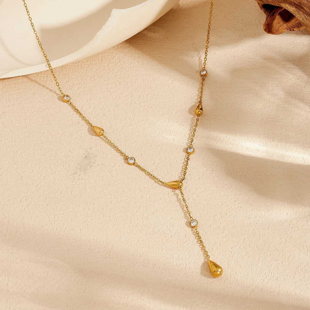 Y-Drop Stainless Steel Necklace with Bezel CZ, Gold-Plated