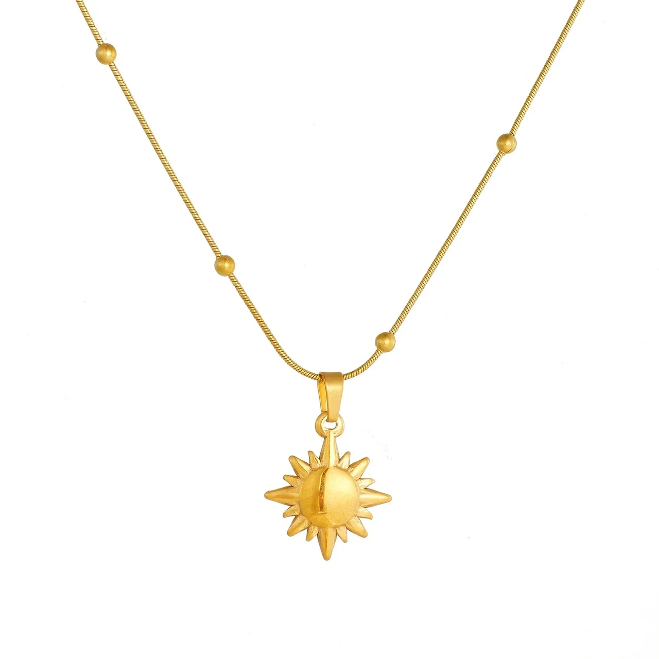 Sun Pendant Necklace with Beaded Snake Chain, Gold-Plated Steel