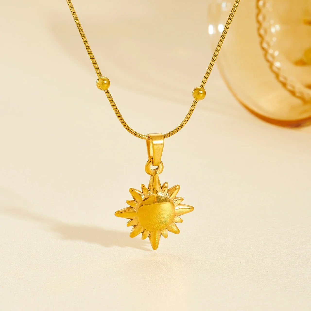 Sun Pendant Necklace with Beaded Snake Chain, Gold-Plated Steel
