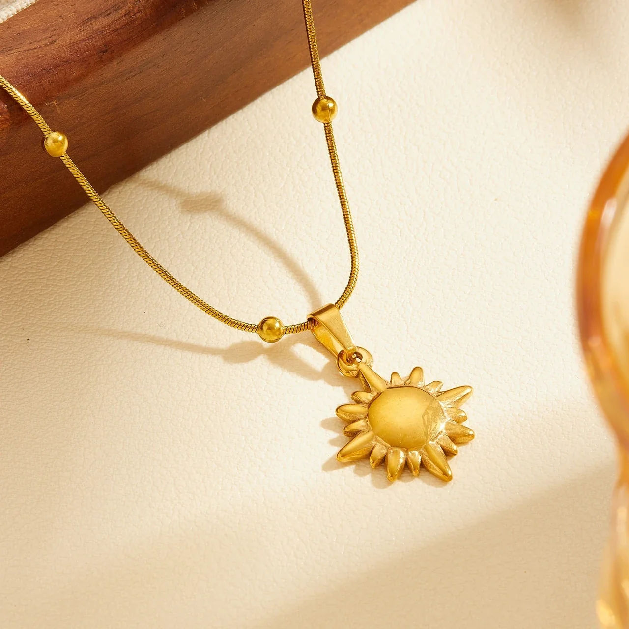Sun Pendant Necklace with Beaded Snake Chain, Gold-Plated Steel