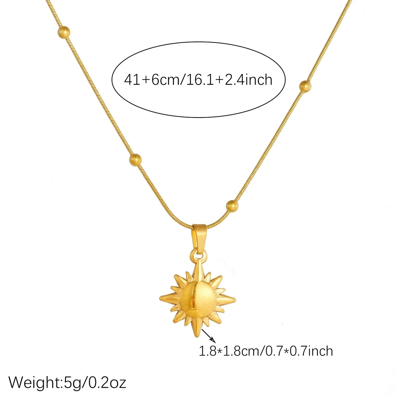 Sun Pendant Necklace with Beaded Snake Chain, Gold-Plated Steel
