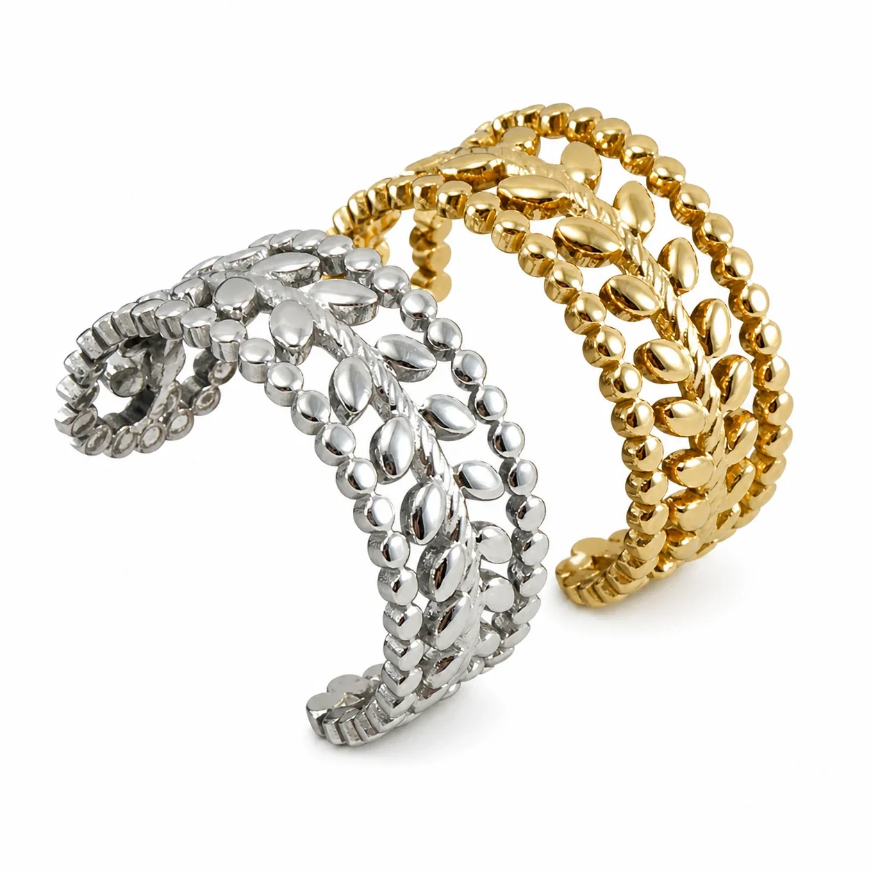 Romantic Stainless Steel Open Leaf Bead Cuff Ring