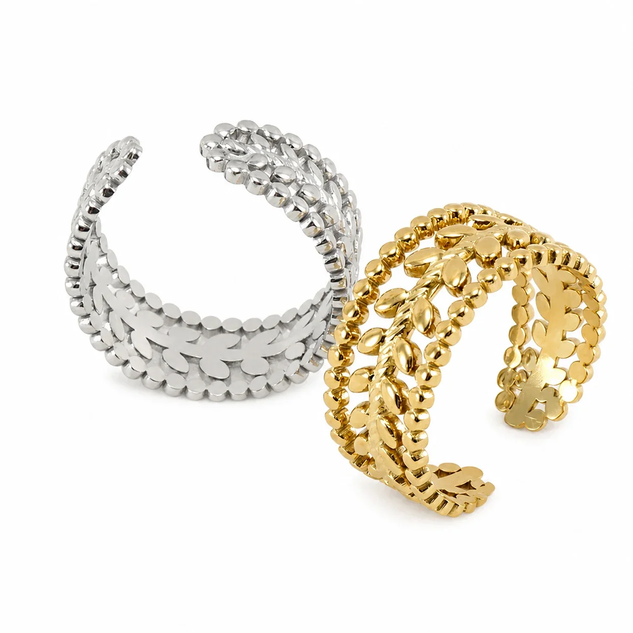 Romantic Stainless Steel Open Leaf Bead Cuff Ring