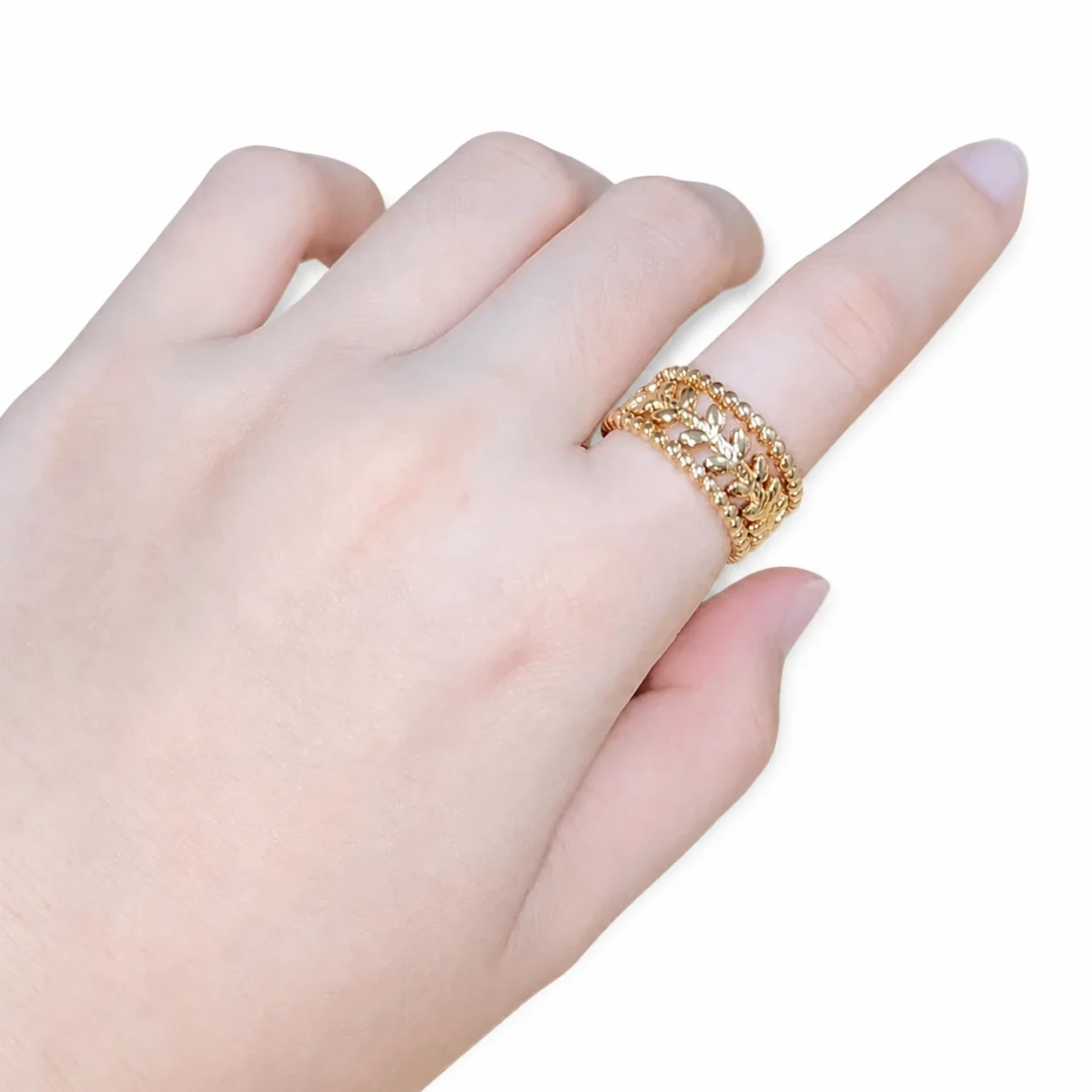 Romantic Stainless Steel Open Leaf Bead Cuff Ring