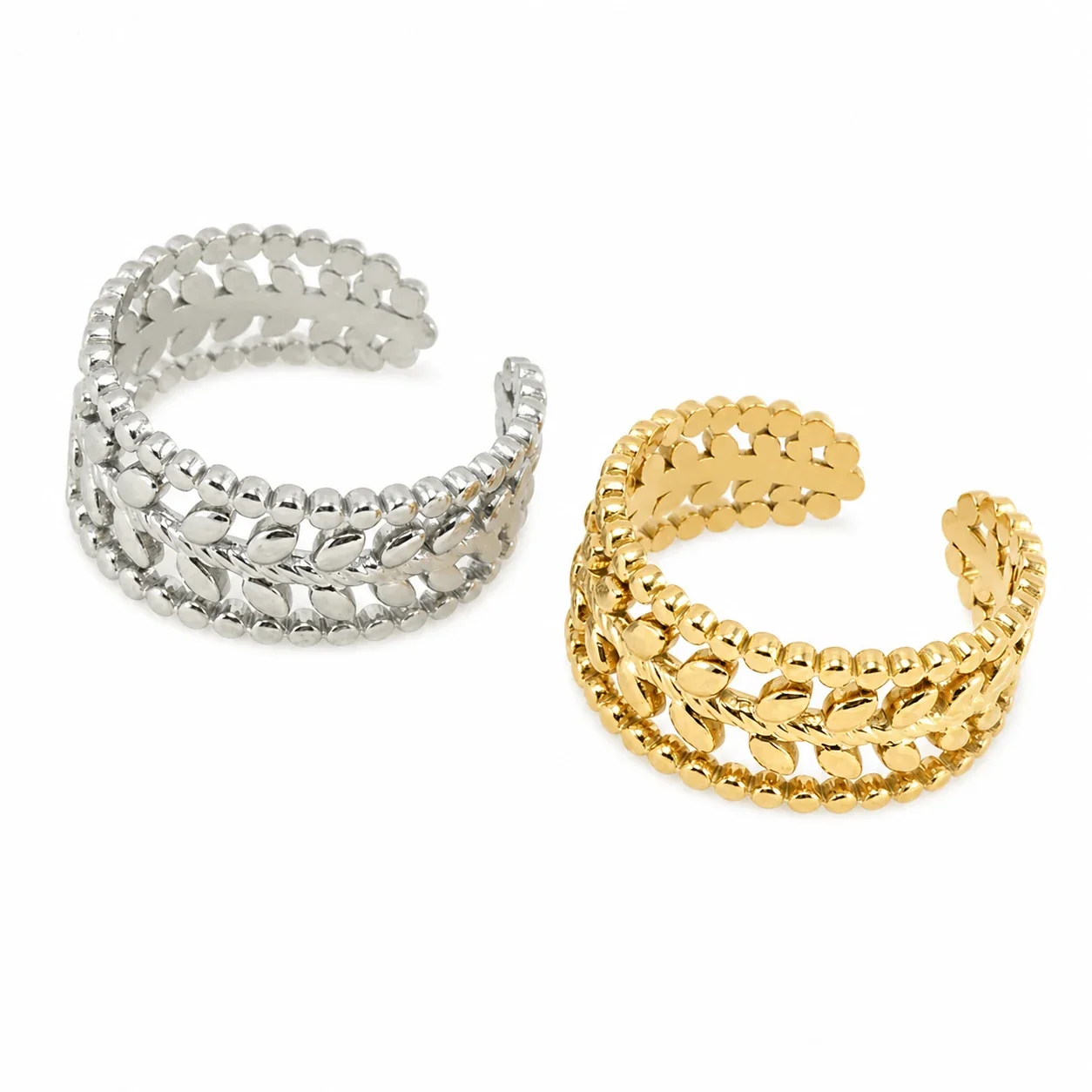 Romantic Stainless Steel Open Leaf Bead Cuff Ring