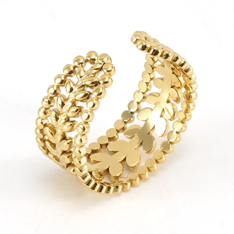 Romantic Stainless Steel Open Leaf Bead Cuff Ring