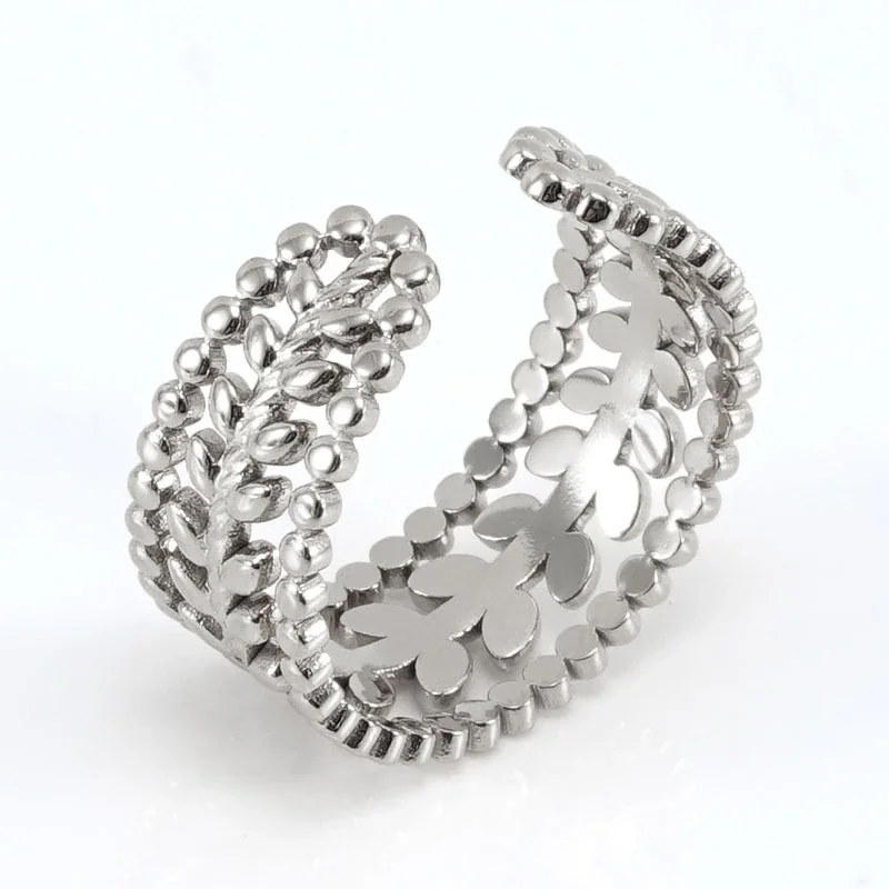 Romantic Stainless Steel Open Leaf Bead Cuff Ring - Silver