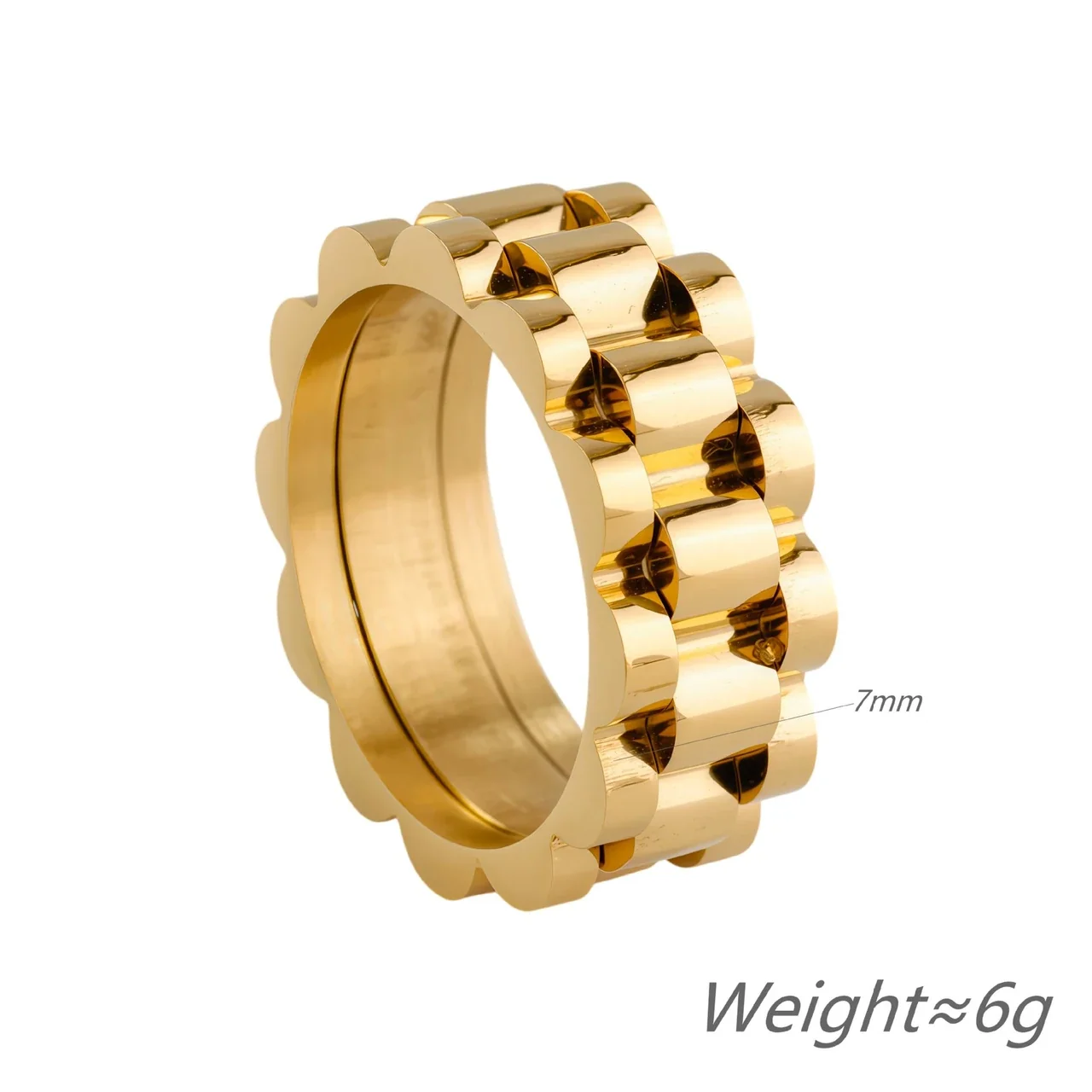 Watch Link Ring with Scalloped Edges, Gold-Plated Stainless Steel