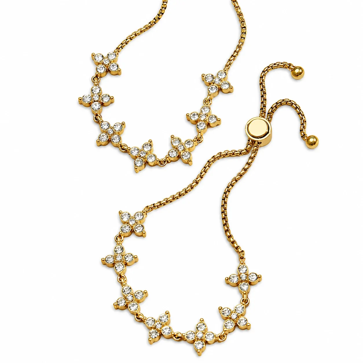Dainty 18K Gold PVD Four-Leaf CZ Box Chain Bracelet