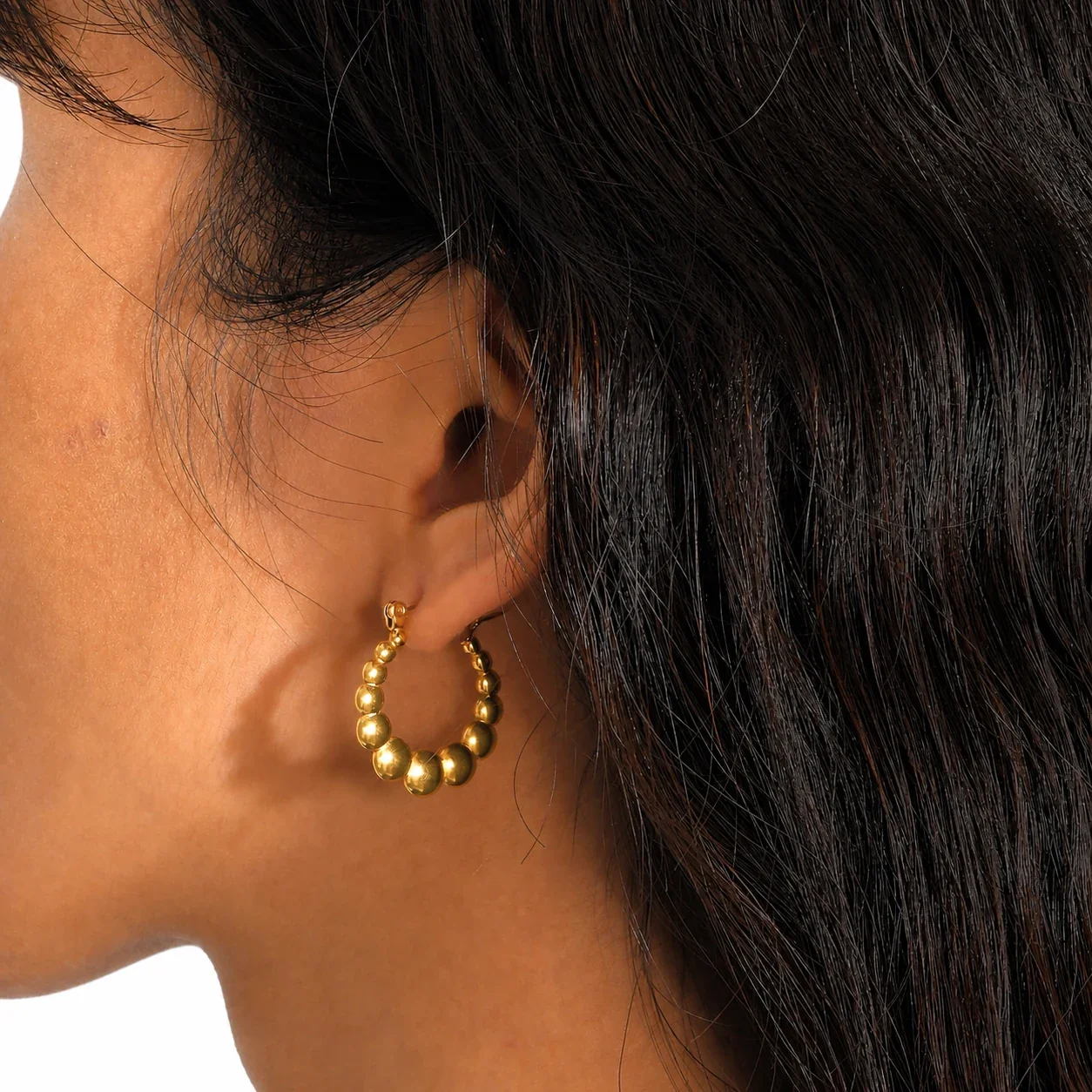 Sculptural Gold-Plated Bead U-Hoop Stainless Steel Earrings