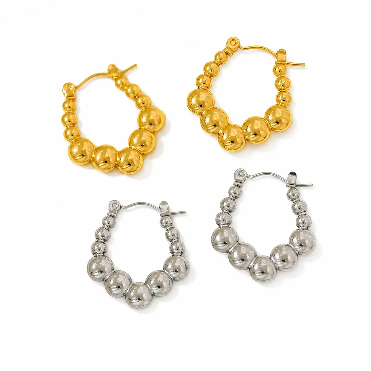 Sculptural Gold-Plated Bead U-Hoop Stainless Steel Earrings