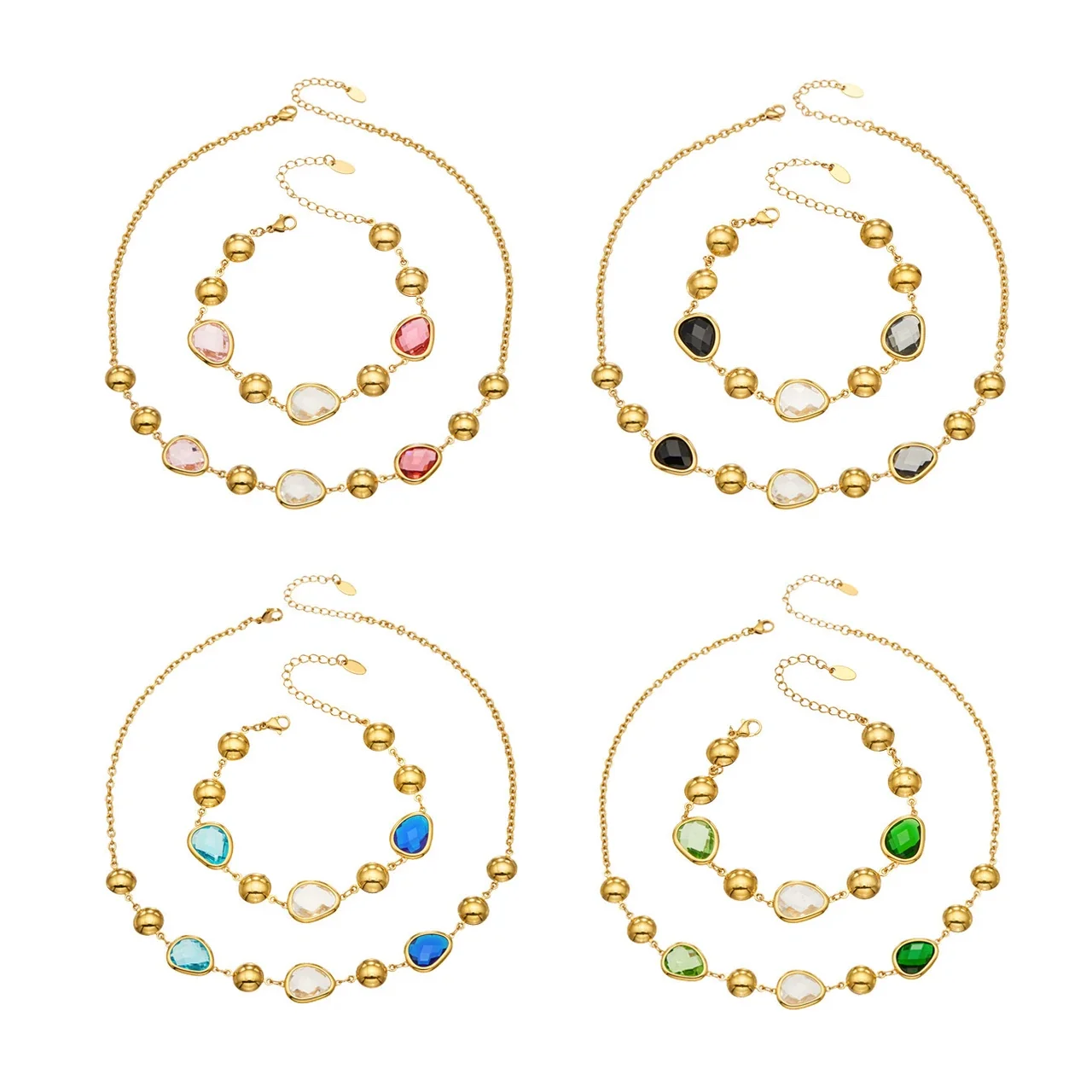 Jewelry Set with Teardrop Crystals, Ball Beads & Gold-Plated Steel