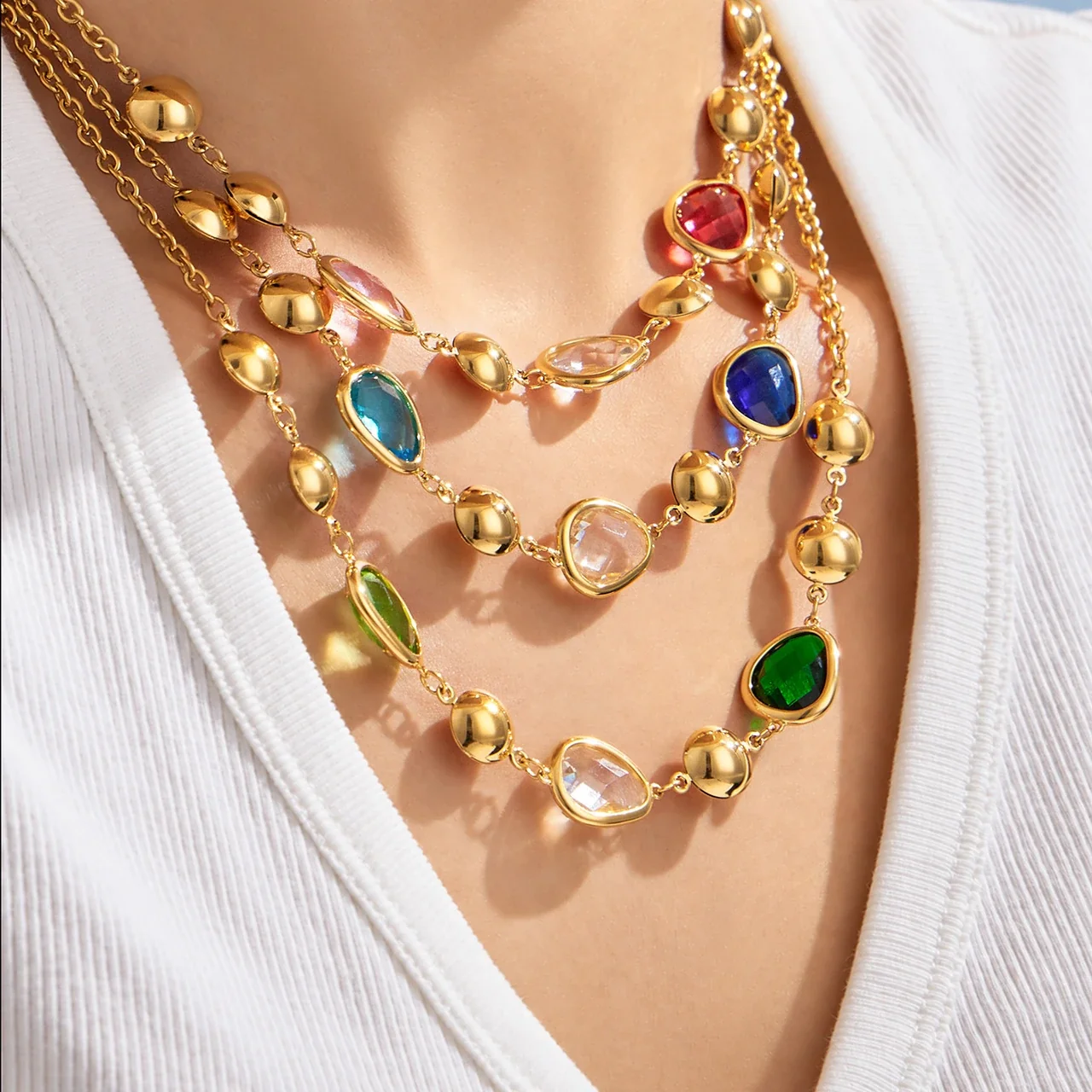 Jewelry Set with Teardrop Crystals, Ball Beads & Gold-Plated Steel