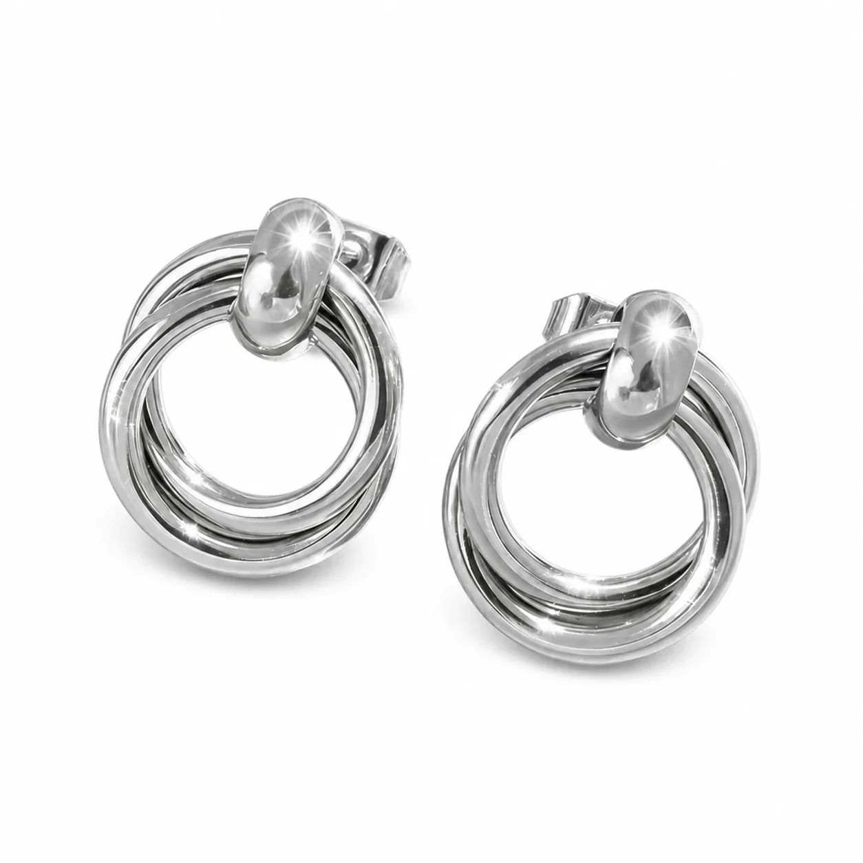 Drop Earrings Interlocking Double Hoops 316 Stainless Steel PVD - Silver