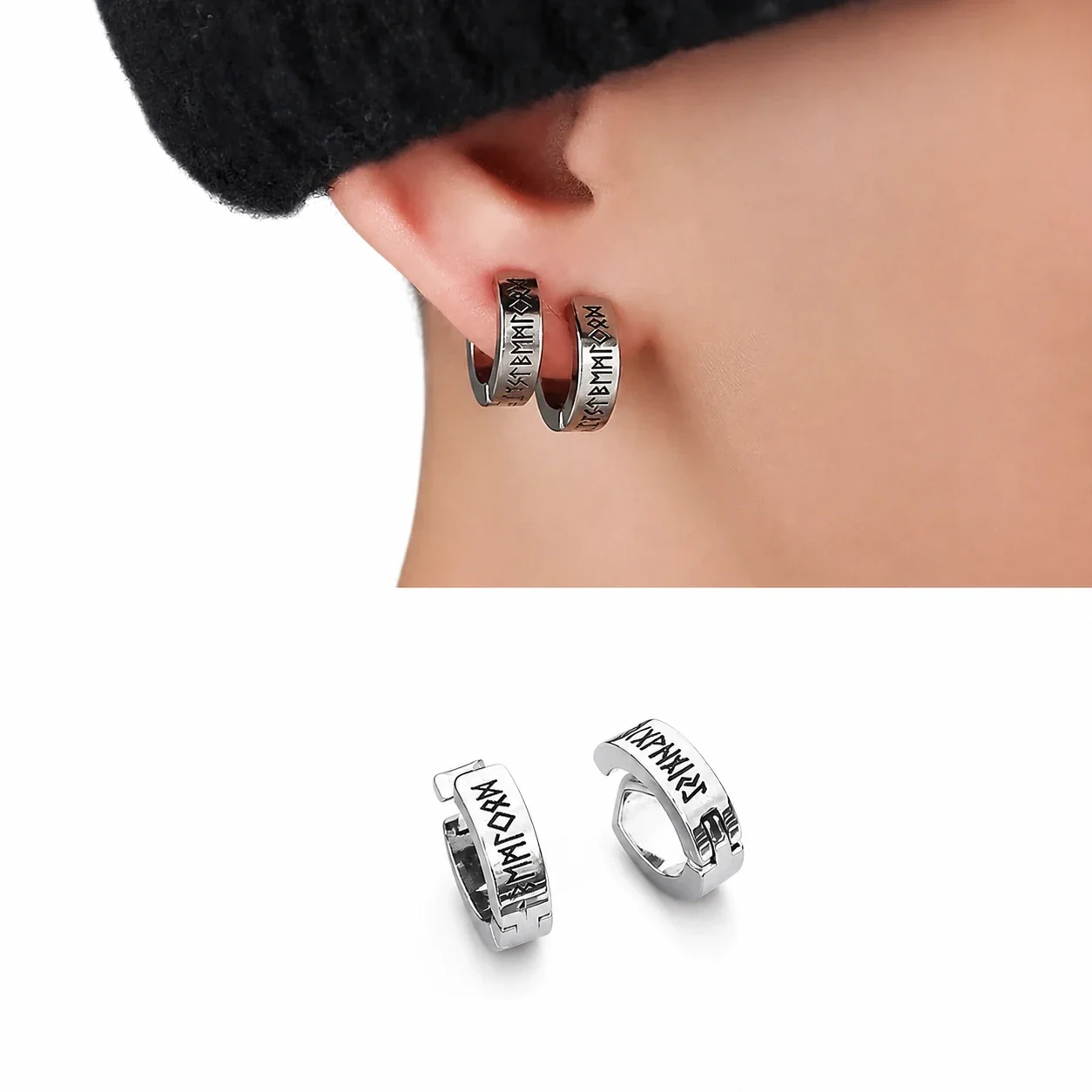 Nordic Silver-Tone Stainless Steel Rune Huggie Earrings