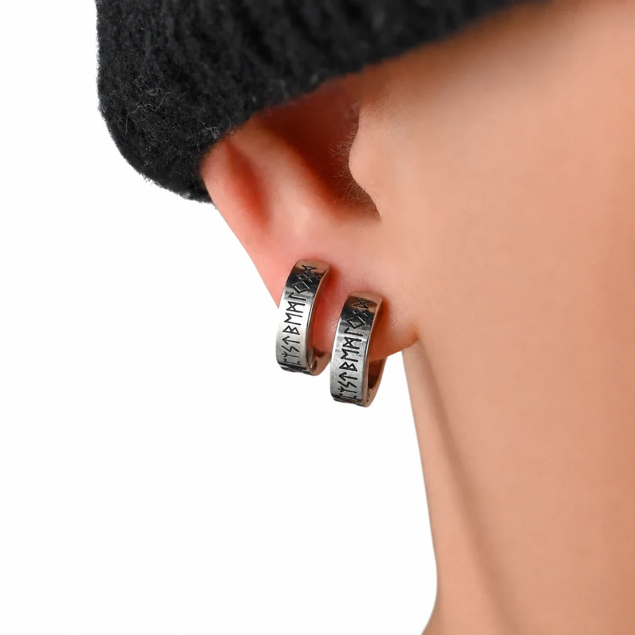 Nordic Silver-Tone Stainless Steel Rune Huggie Earrings
