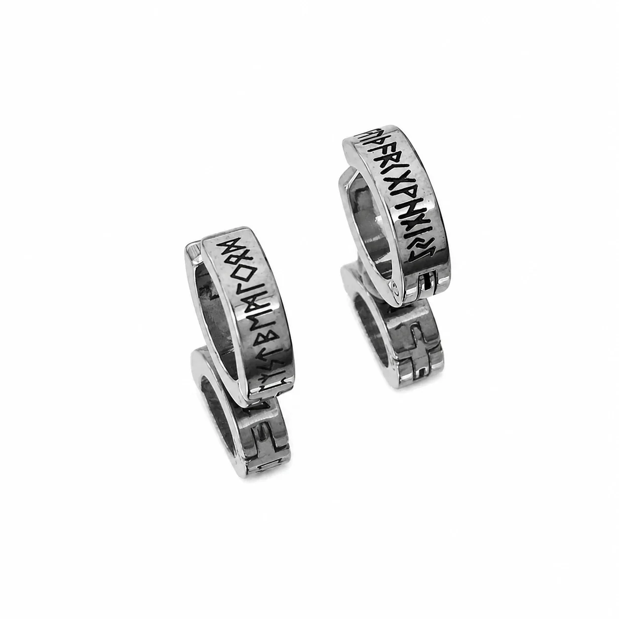 Nordic Silver-Tone Stainless Steel Rune Huggie Earrings - Silver Clip-On