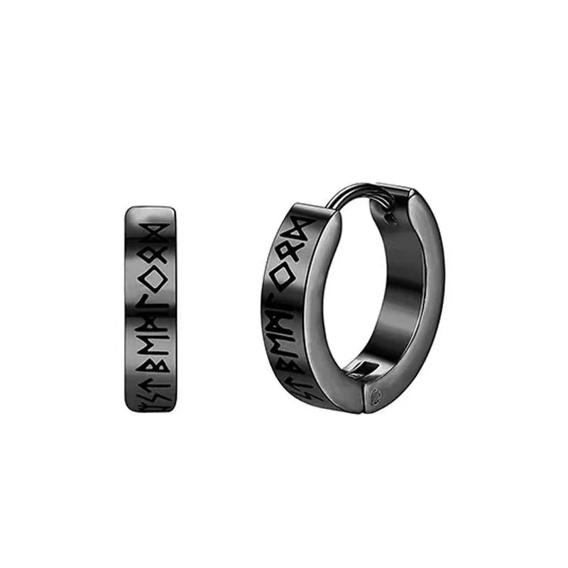 Nordic Silver-Tone Stainless Steel Rune Huggie Earrings - Black Stud