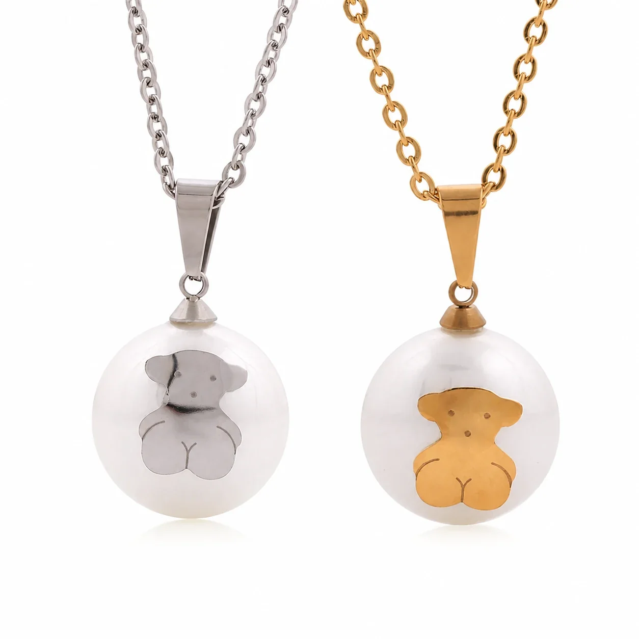 Playful 316 Stainless Steel Pearl Bear Pendant Necklace
