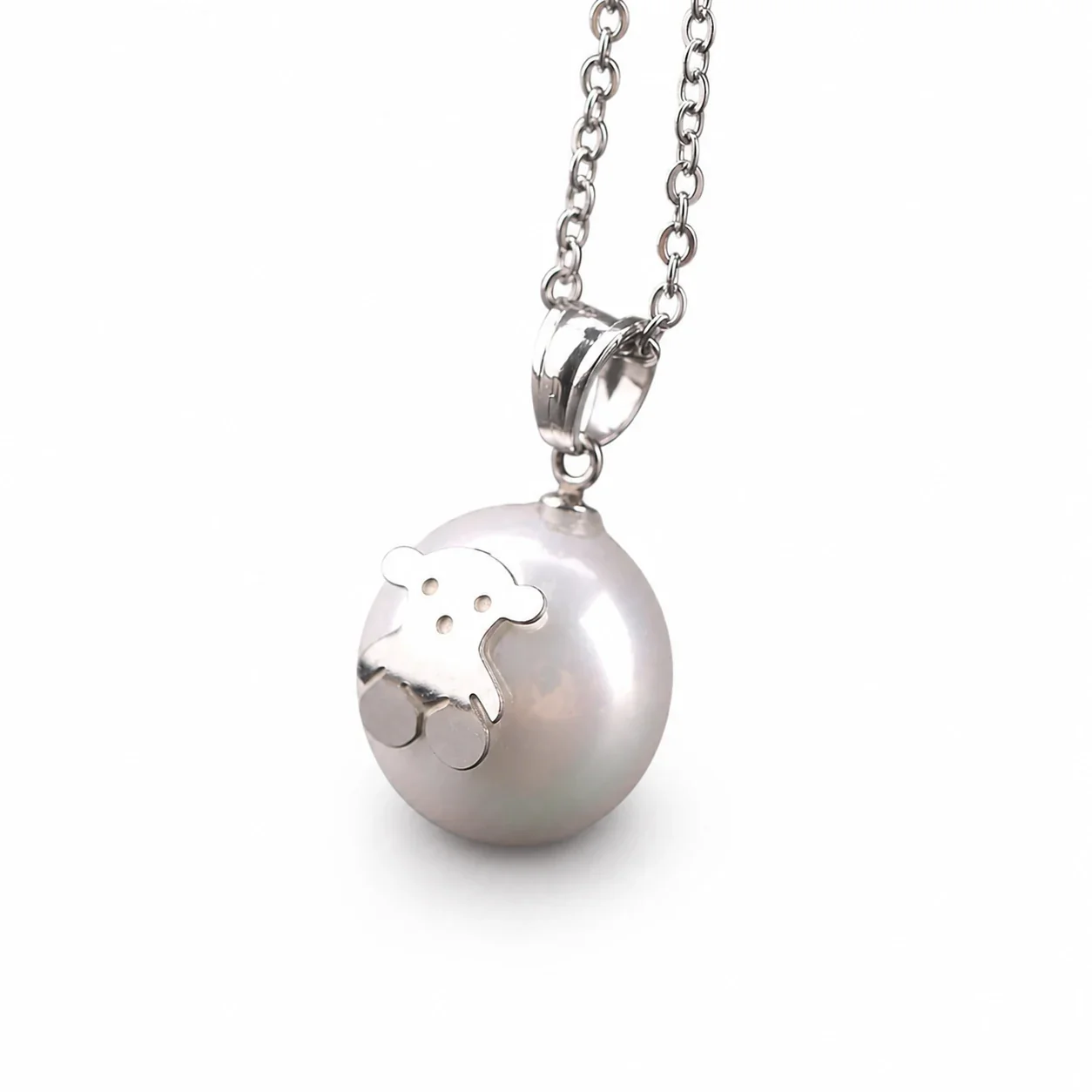 Playful 316 Stainless Steel Pearl Bear Pendant Necklace