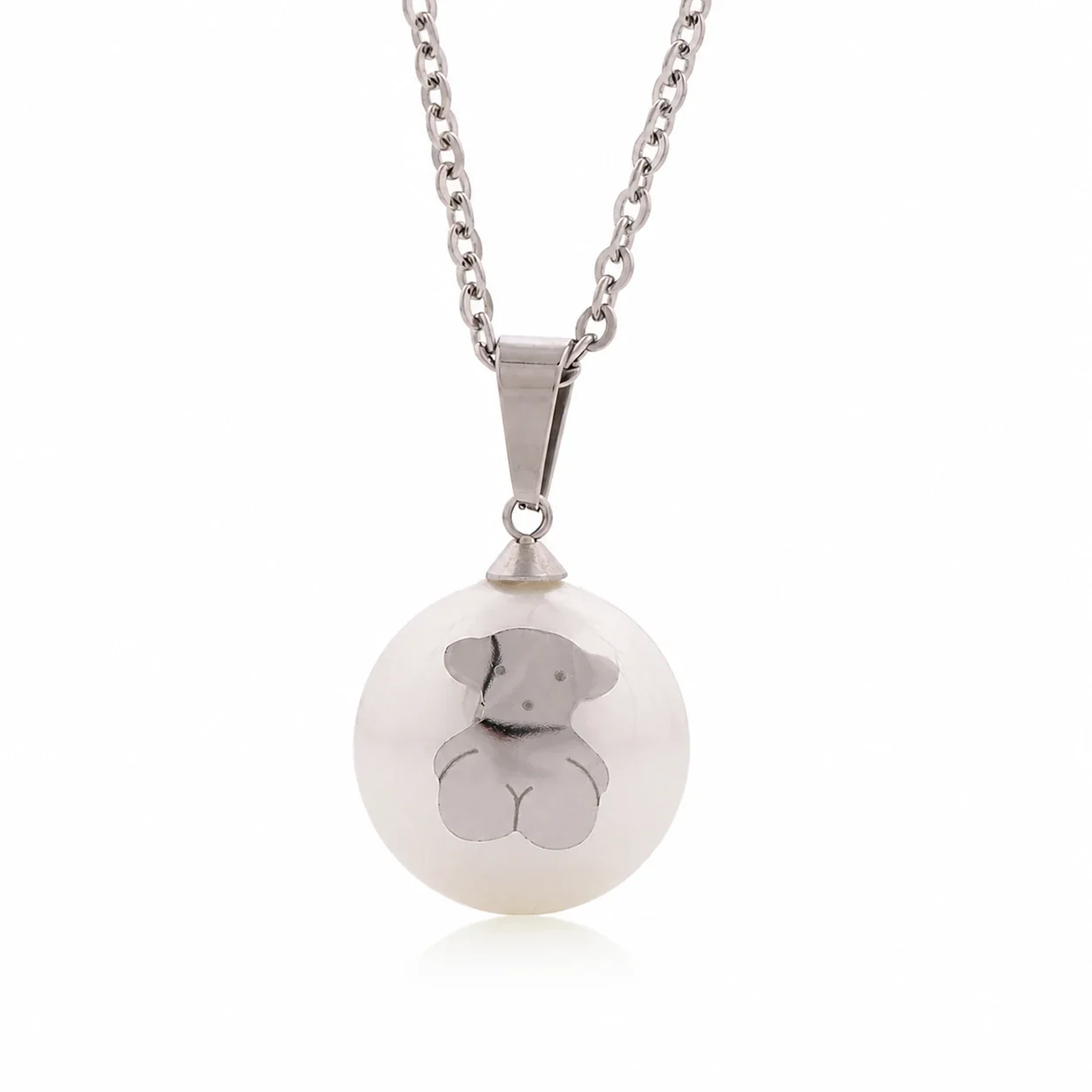 Playful 316 Stainless Steel Pearl Bear Pendant Necklace - Silver