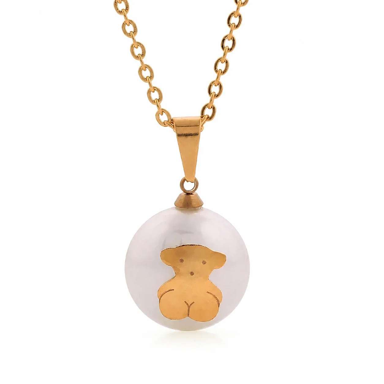 Playful 316 Stainless Steel Pearl Bear Pendant Necklace - Gold