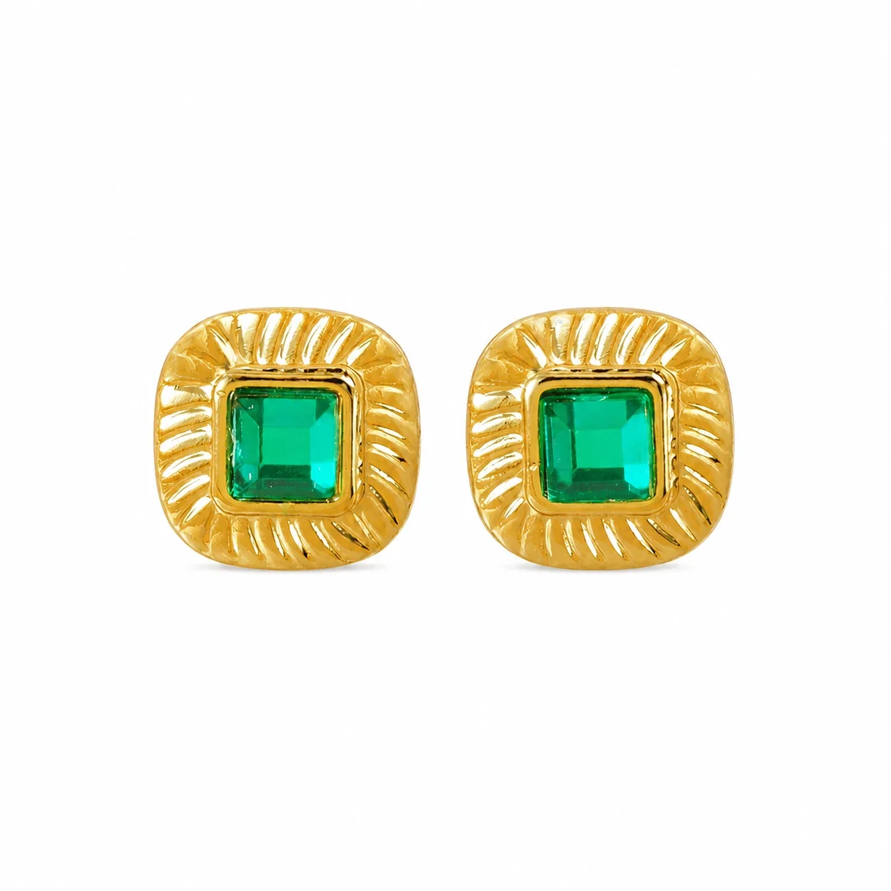 Radiant Gold-Plated Fluted Square Green Crystal Stud Earrings
