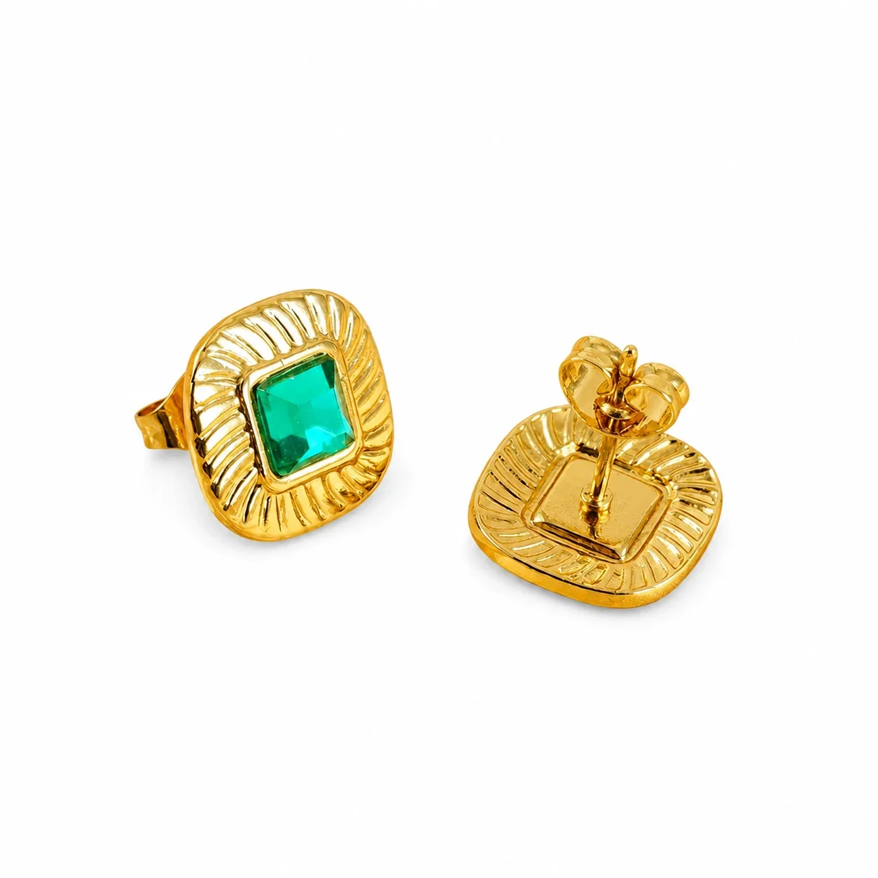 Radiant Gold-Plated Fluted Square Green Crystal Stud Earrings