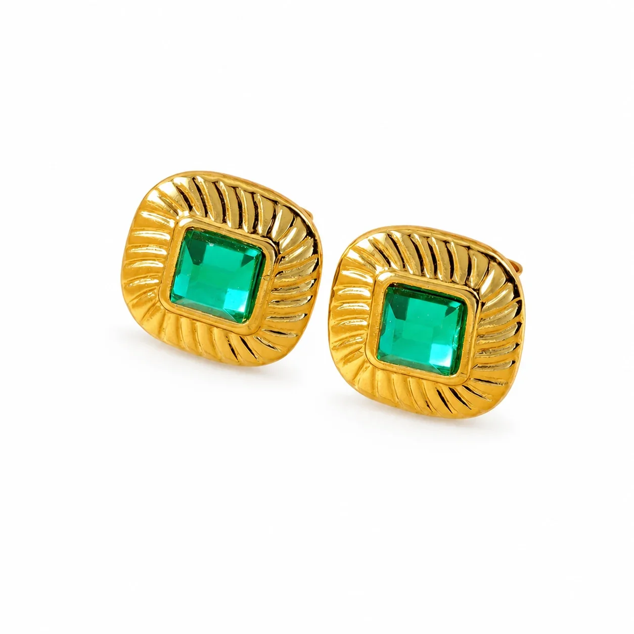 Radiant Gold-Plated Fluted Square Green Crystal Stud Earrings
