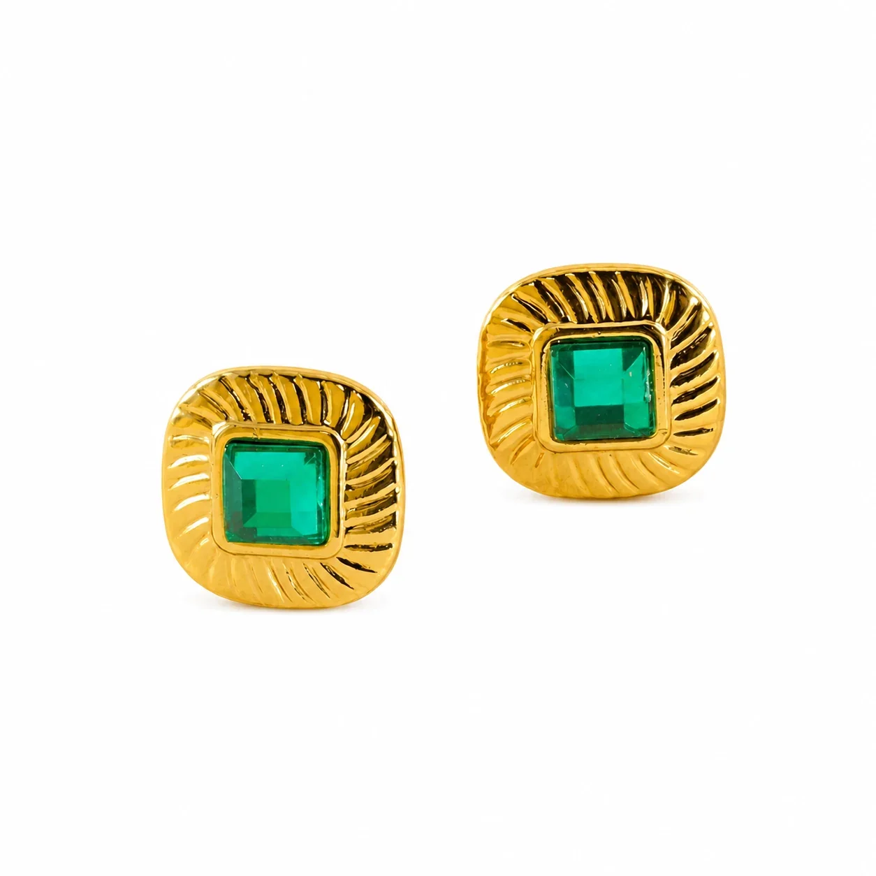 Radiant Gold-Plated Fluted Square Green Crystal Stud Earrings