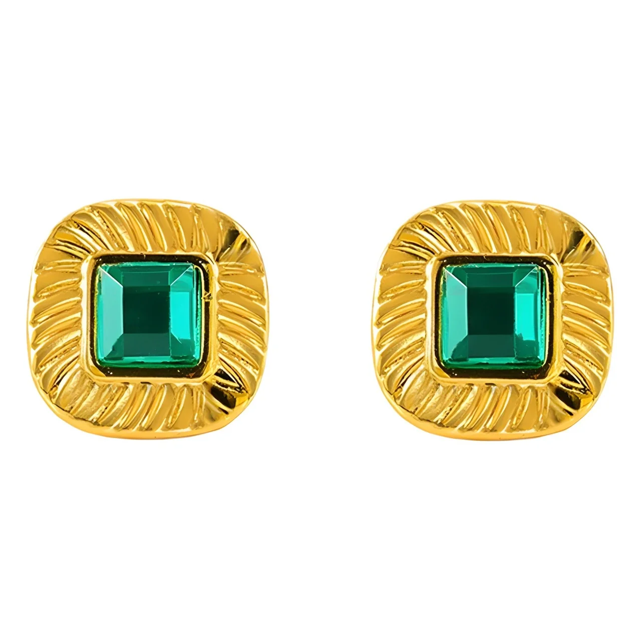Radiant Gold-Plated Fluted Square Green Crystal Stud Earrings