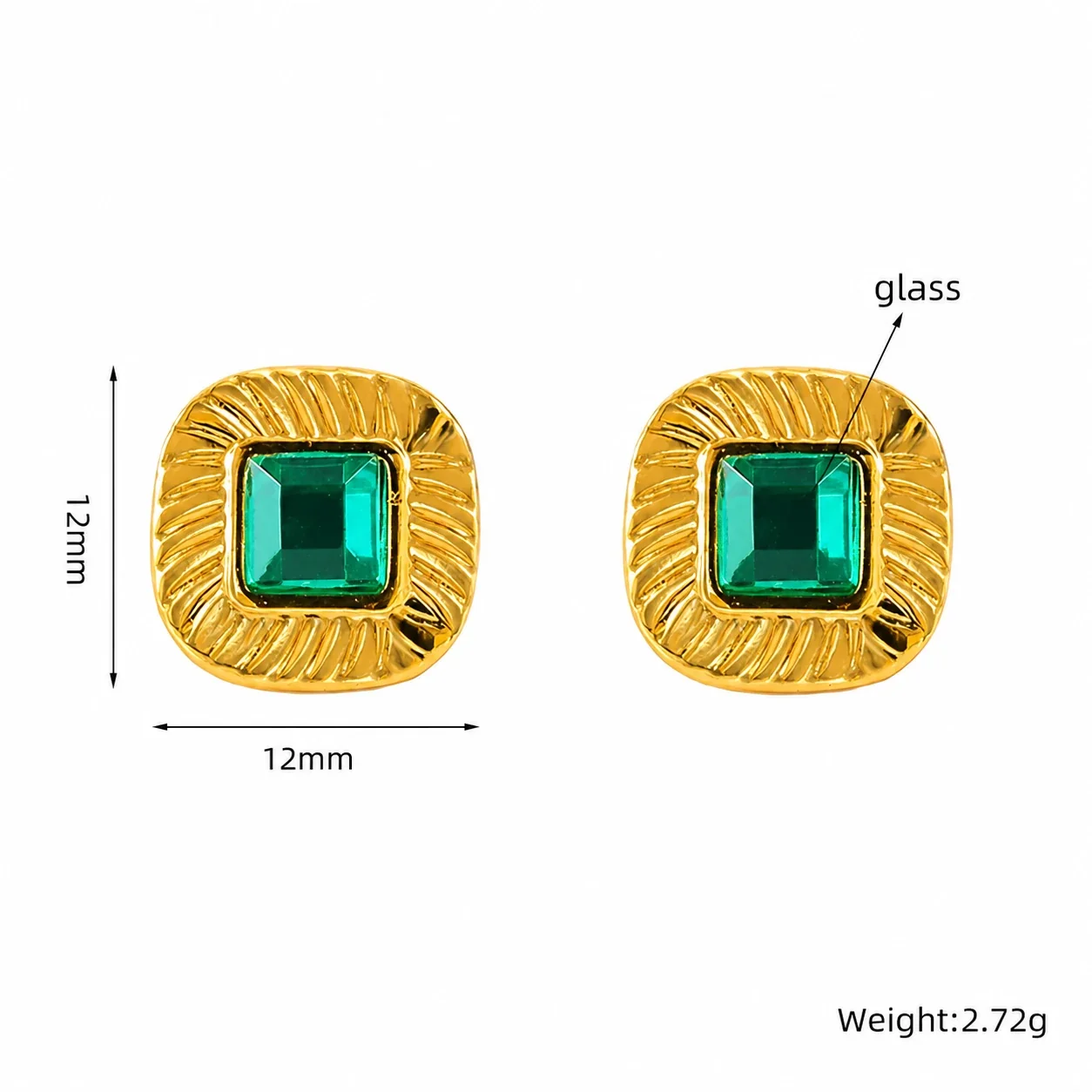 Radiant Gold-Plated Fluted Square Green Crystal Stud Earrings - Gold / Green