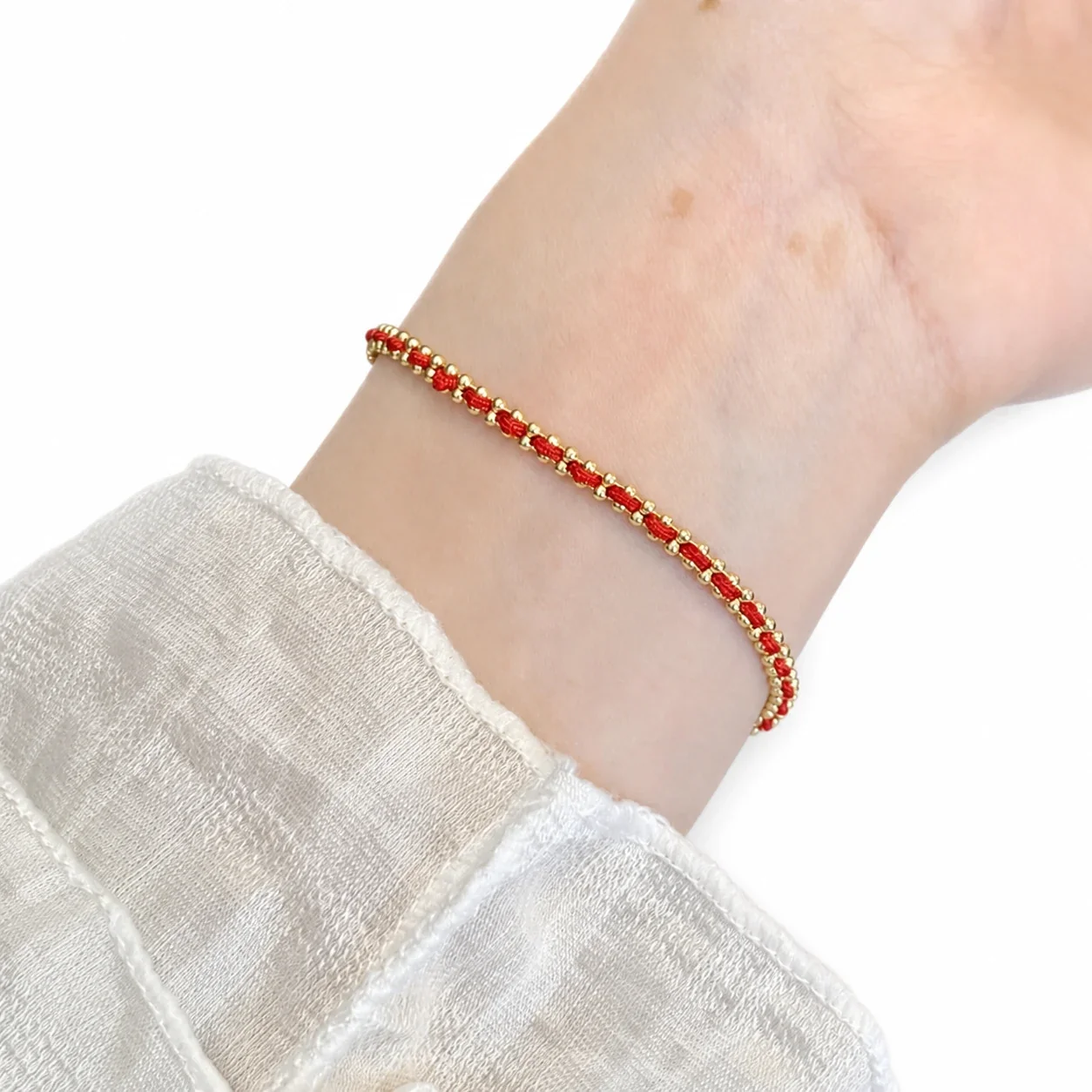 Delicate Gold-Plated Braided Cord Bead Chain Bracelet - Gold Red Cord