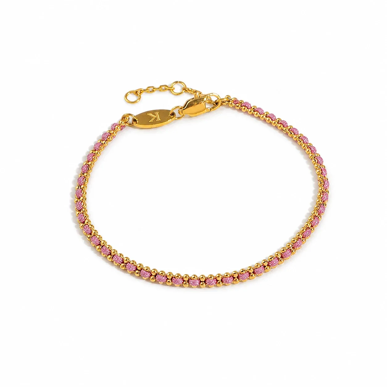 Delicate Gold-Plated Braided Cord Bead Chain Bracelet - Gold Pink Cord
