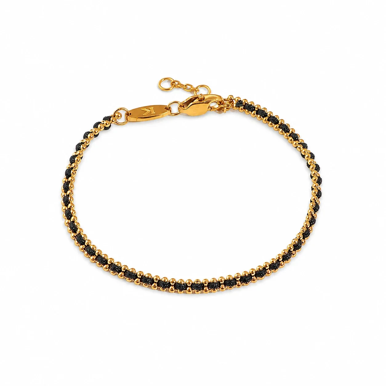 Delicate Gold-Plated Braided Cord Bead Chain Bracelet - Gold Black Cord