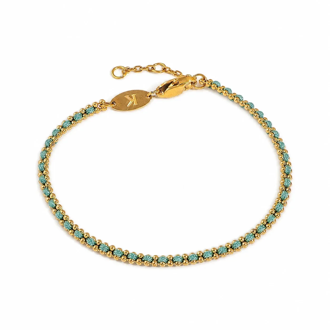 Delicate Gold-Plated Braided Cord Bead Chain Bracelet - Gold Green Cord