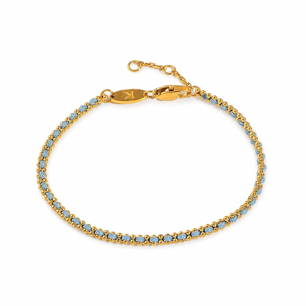 Delicate Gold-Plated Braided Cord Bead Chain Bracelet - Gold Blue Cord