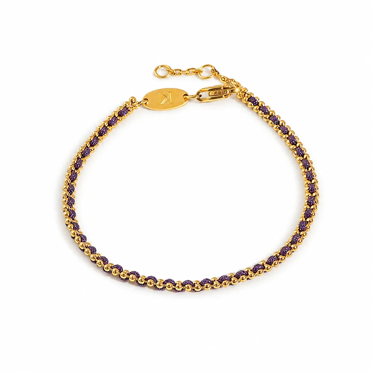 Delicate Gold-Plated Braided Cord Bead Chain Bracelet - Gold Purple Cord