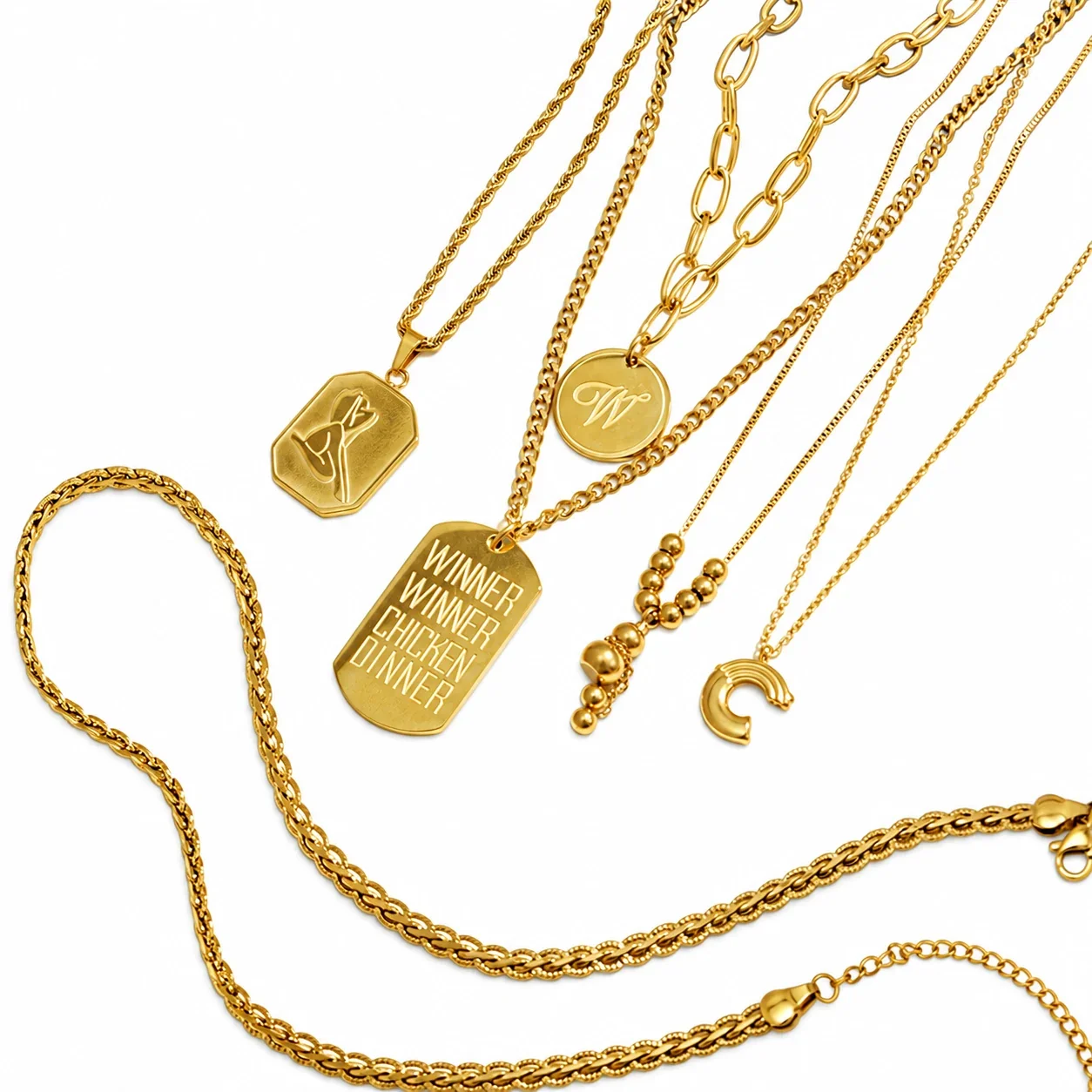 Pendant Necklaces with Bead, Tag & C Motifs, Gold-Plated