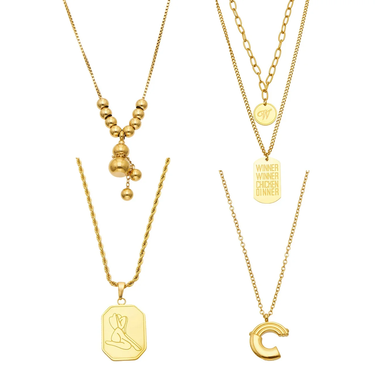 Pendant Necklaces with Bead, Tag & C Motifs, Gold-Plated