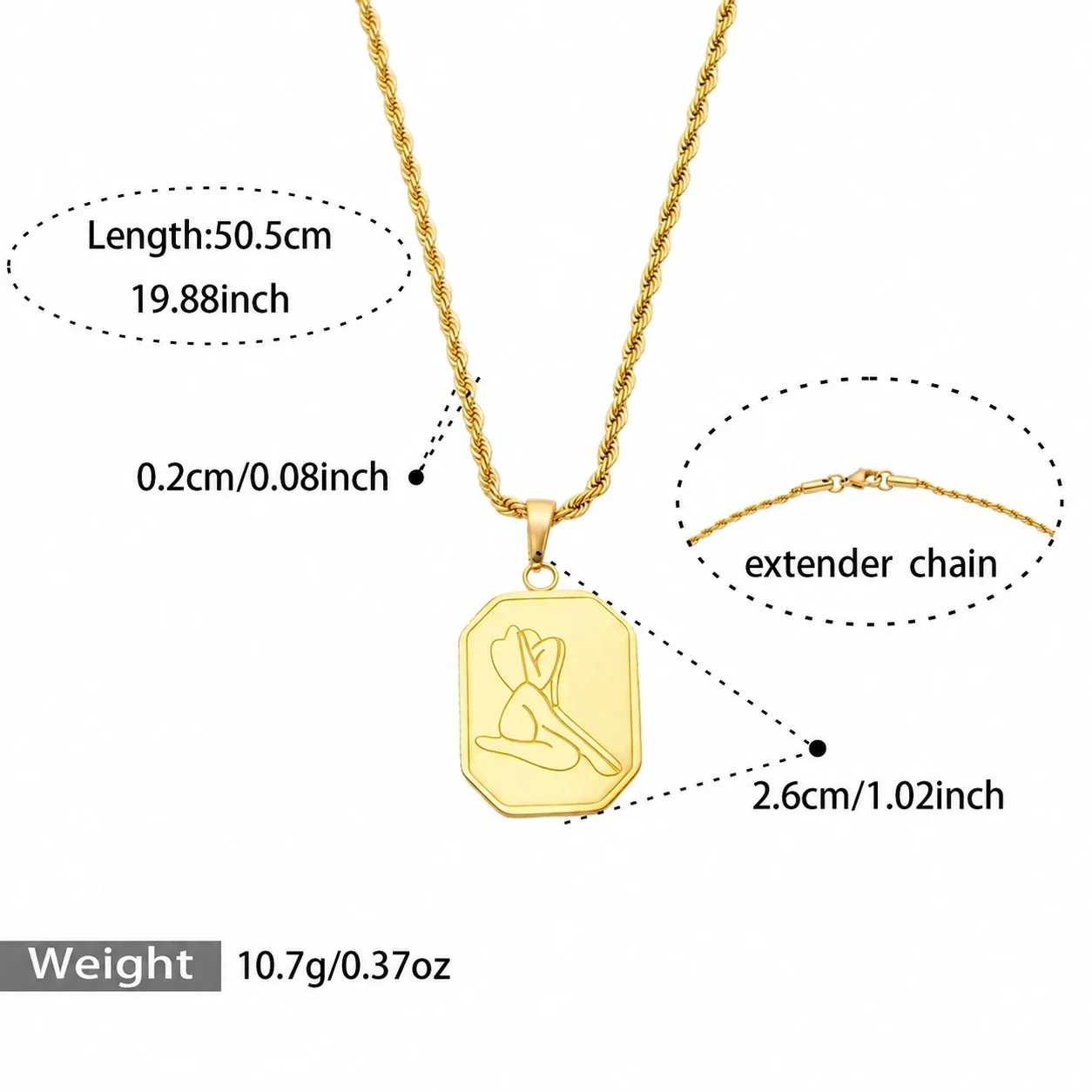 Pendant Necklaces with Bead, Tag & C Motifs, Gold-Plated - Gold Square Tag, 50.5 cm