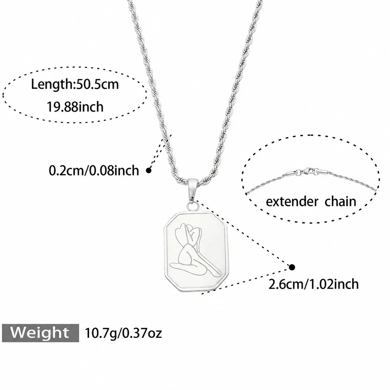 Pendant Necklaces with Bead, Tag & C Motifs, Gold-Plated - Silver Square Tag, 50.5 cm