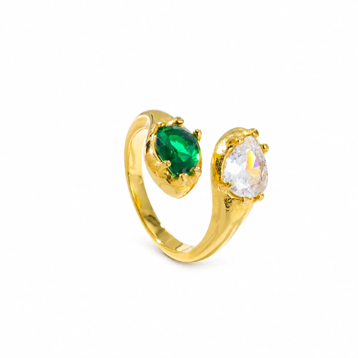 Open-Front Ring, Dual Oval Crystals, Gold-Plated Stainless Steel