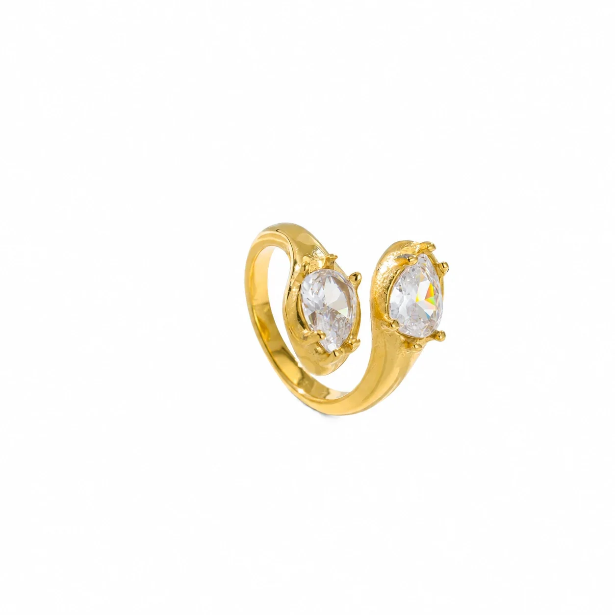 Open-Front Ring, Dual Oval Crystals, Gold-Plated Stainless Steel