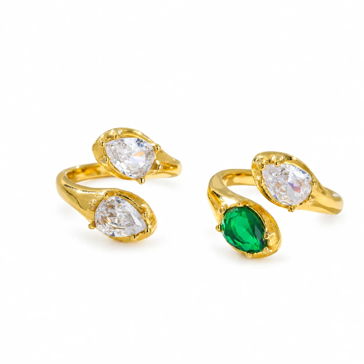 Open-Front Ring, Dual Oval Crystals, Gold-Plated Stainless Steel