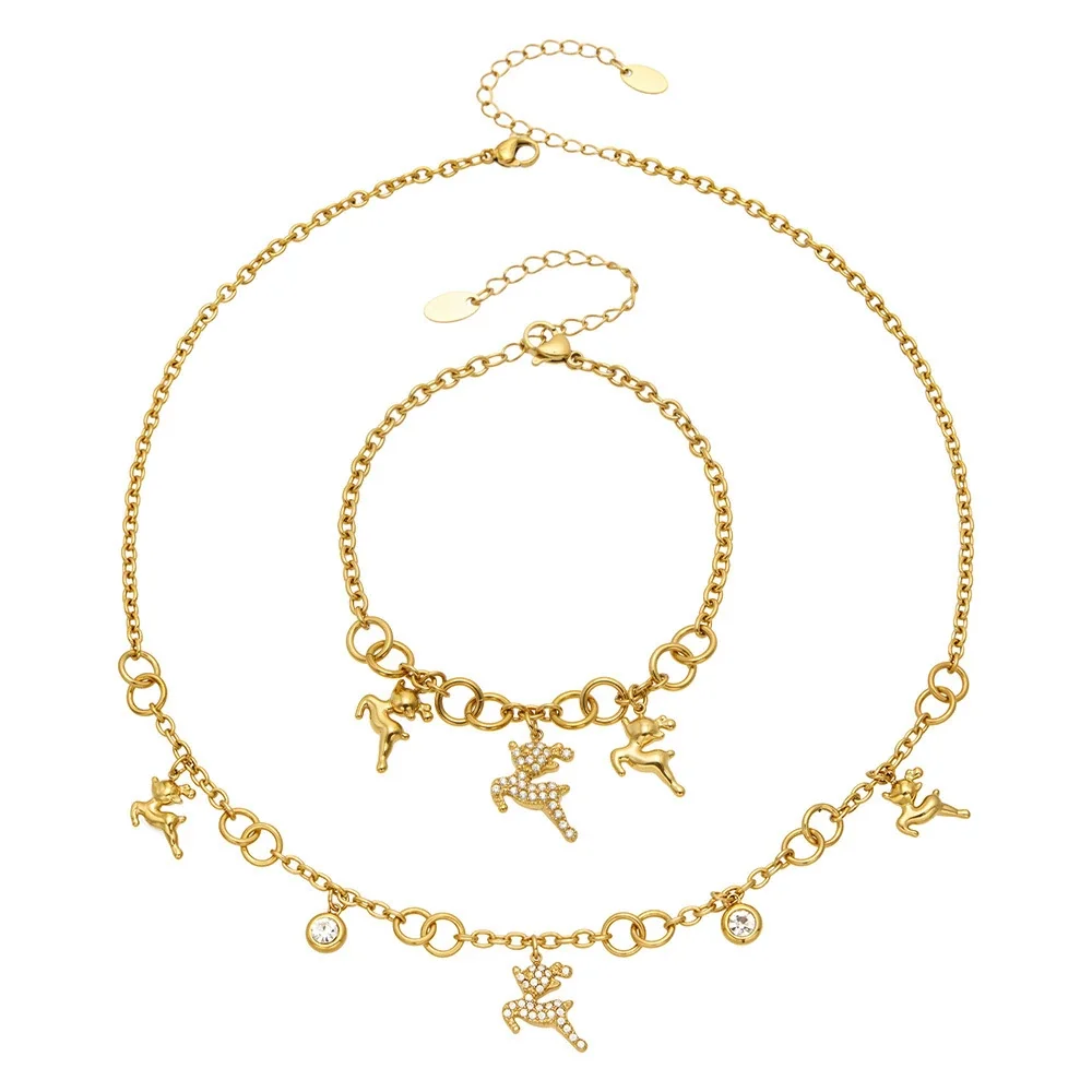 Whimsical Pavé Reindeer 316 Stainless Steel Chain PVD Jewelry Set