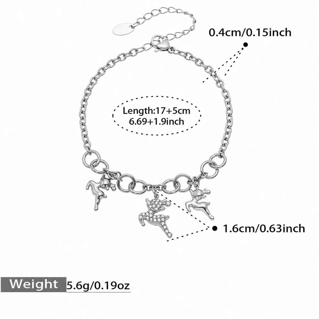 Whimsical Pavé Reindeer 316 Steel Chain Jewelry Set - Silver 17+5 cm