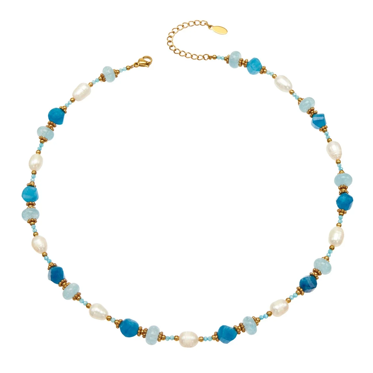 Colar de Contas, Pérolas de Água Doce e Azul, Aço Inoxidável 316